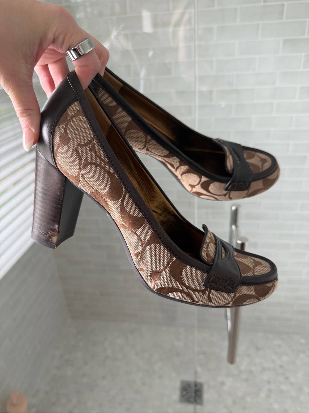 Coach Brown Signature Canvas Block Heel Pumps with Dark Trim